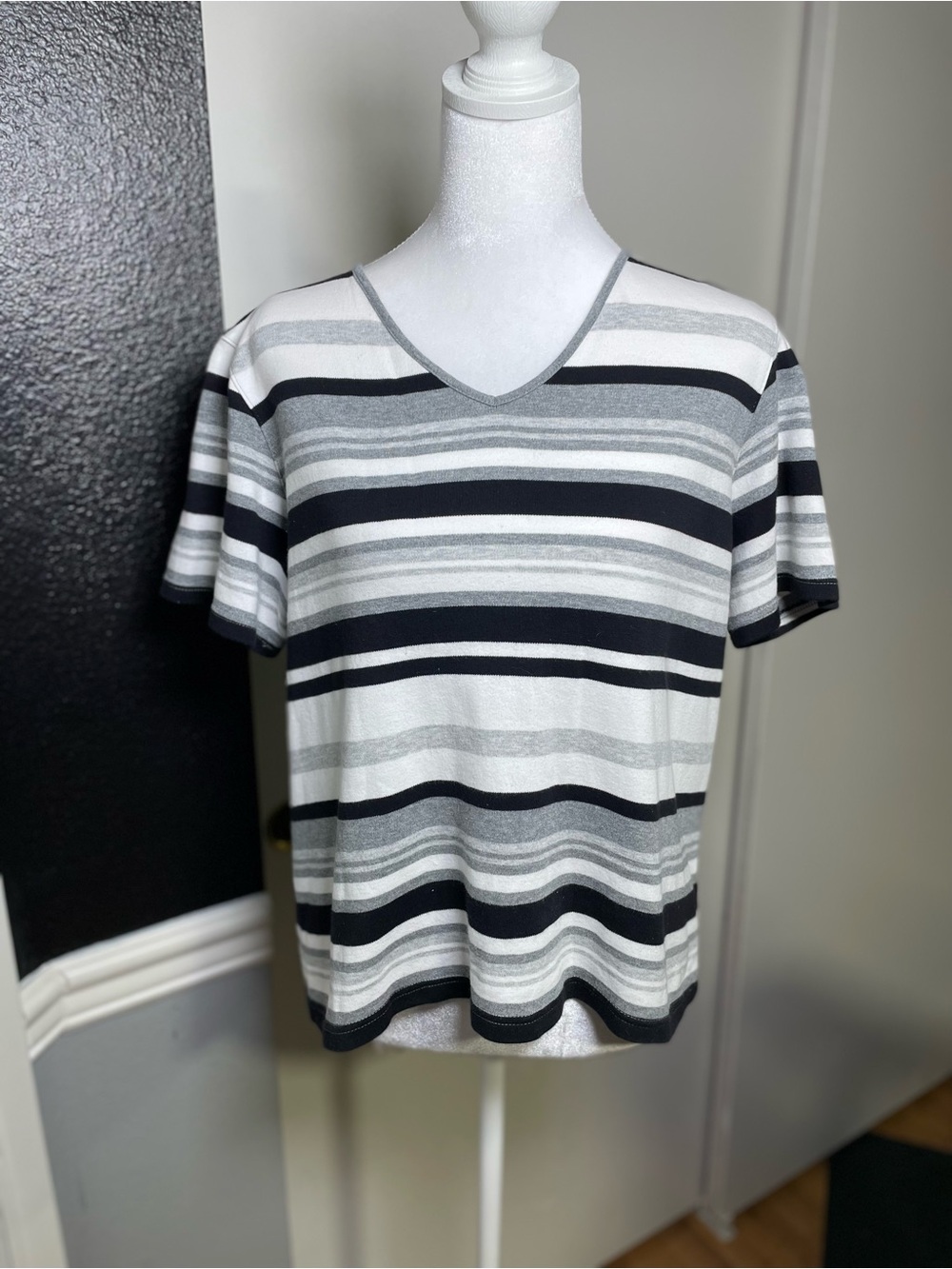 Classic Elements Women's Short Sleeve V-Neck Stripe Tee in Black, Gray & White